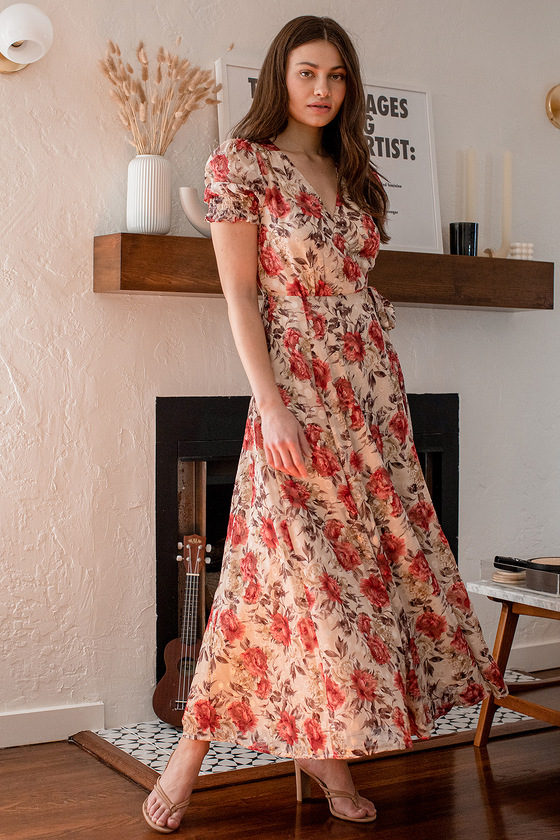 Beige Floral Print Dress - Wrap Maxi ...